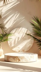 Beige marble podium, tropical plants, shadows