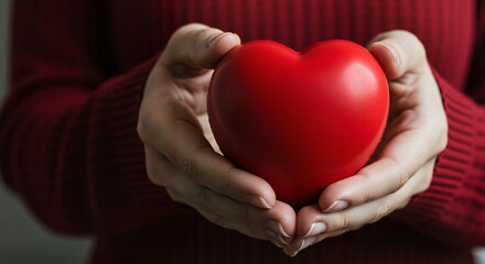 Fototapeta premium Person holding red heart-shaped figure in caring mood, wearing knitted sweater, close-up view