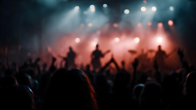 Energetic concert scene with a live band performing on stage illuminated by vibrant red and blue lights and an excited audience in the foreground