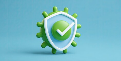 Green virus with shield symbol on a light blue background