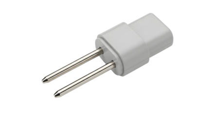 White Electric Power Plug with Two Metal Prongs on White Background