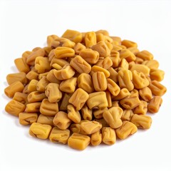 Golden Fenugreek Seeds Pile on White Background, Ingredient for Indian Cuisine