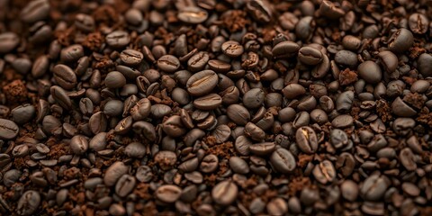 Dark brown coffee grounds, rich texture, close-up,  texture,  smell