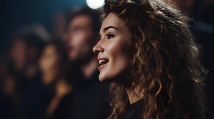 Young woman with curly hair singing expressively on a dimly lit stage