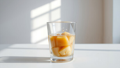 Fototapeta premium Glass of homemade apple compote on light kitchen table, minimalist drink photography.