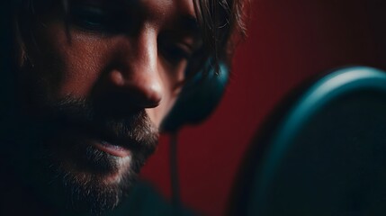 Man with headphones recording audio creating content in a professional studio