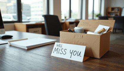 Farewell message "We Will Miss You" on office desk with accountant's cardboard box of personal items.