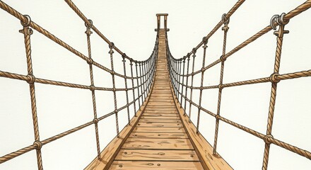 Wooden suspension bridge with rope handrails, viewed from below at the starting point with strong depth perspective in watercolor style isolated on white background