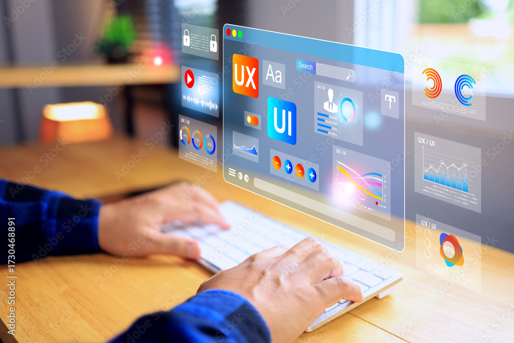 Wall mural ux ui design concept with designer working on virtual screen to design an application and website in