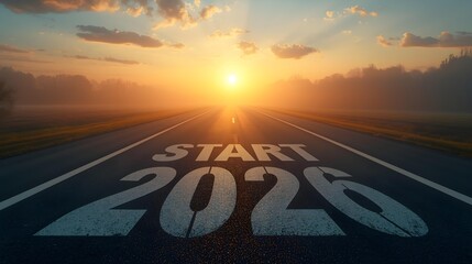 “Start 2026 – A Scenic Sunrise Road Symbolizing New Beginnings, Personal Growth, and the Journey Toward Future Goals in a Misty, Hopeful Landscape 2026 Happy New Year Background Design. Greeting Card,