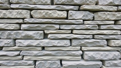 Fototapeta premium of a light-colored stone wall constructed with layered, rectangular stones, showcasing a rough, textured surface.