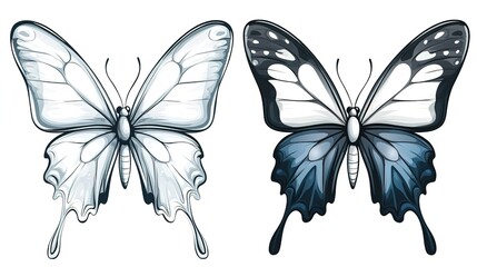 Fototapeta premium Two Illustrative Butterflies with Distinct Wing Patterns on White Background