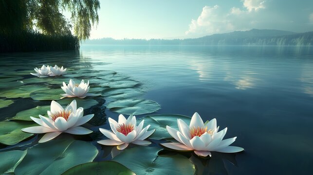A serene lakeside landscape with water lilies blooming across the calm water surface 
