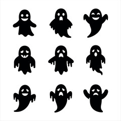 A playful glyph-style ghost icon set in black and white, featuring multiple variations of spooky and cute ghost characters, perfect for Halloween decorations, party invitations, websites, and seasonal