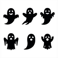 A playful glyph-style ghost icon set in black and white, featuring multiple variations of spooky and cute ghost characters, perfect for Halloween decorations, party invitations, websites, and seasonal