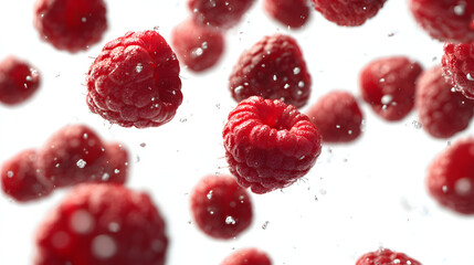 Fresh Raspberries Falling on White Background