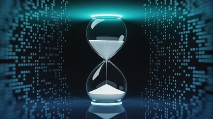 Digital Time's Passage: An illuminated hourglass, symbolizing the relentless flow of time, stands against a digital backdrop, creating a captivating visual metaphor of time's essence.