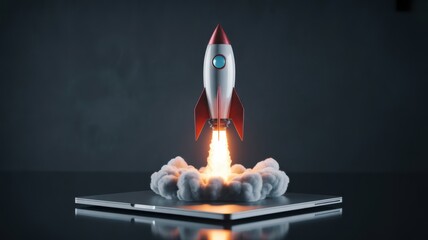 Launch into the Future: A dynamic rocket blasts off from a tablet. signifying innovation, progress, and the dawn of a new era. Embrace the power of upward trajectory and strategic advancement. 