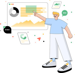 Young Man Presenting Data Analysis and Charts in Vector Illustration with Transparent Background