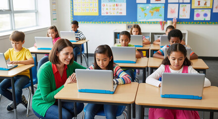 Smiling teacher helps diverse elementary students with laptops in modern classroom