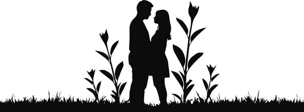 Romantic silhouettes of couple embracing in a garden setting, perfect for wedding invitations and love-themed designs