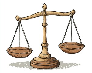 Illustration of a golden scale with two balancing bowls on a white background
