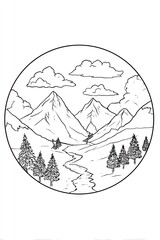 Illustration of a mountain landscape with trees and clouds inside a circle