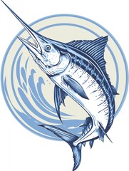 Illustration of a jumping marlin against a circular background design