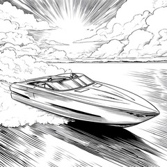 Illustration of a motorboat sailing on water with cloudy sky and sunlight