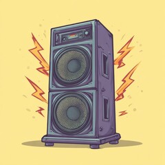 Illustration of a vintage speaker system with sound waves and lightning