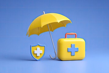 Insurance concept with umbrella shield first aid kit on blue background