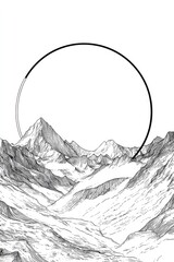 Illustration of mountain range with a circular graphic element on white background
