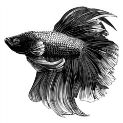Intricate black and white illustration of a siamese fighting fish isolated