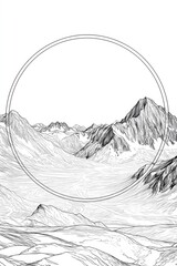 Illustrative mountain range with geometric circle for graphic design