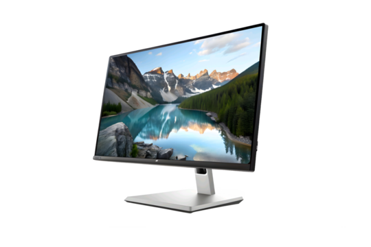 Modern computer monitor displaying a scenic mountain lake landscape isolated on transparent background - Powered by Adobe