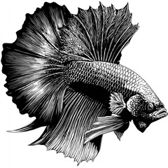 Intricate black and white illustration of a siamese fighting fish displaying fins