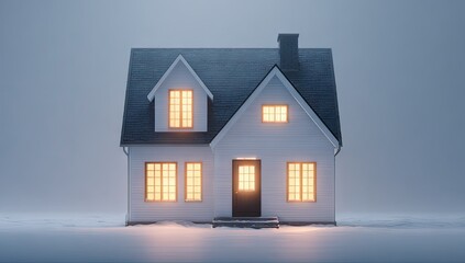 Isolated 3 d rendered house with glowing windows and dark roof against neutral backdrop