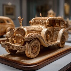 Intricately carved wooden antique car sculpture on display