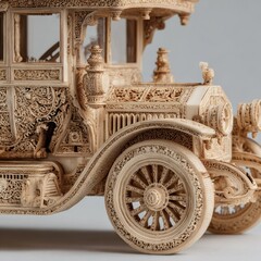 Intricately carved antique car model with detailed ornamentation