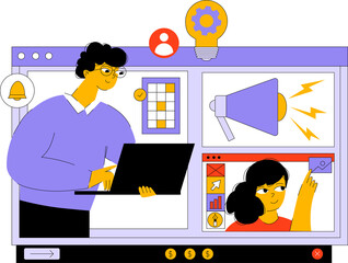 Illustration of Two People Working on Digital Marketing Platform on a Transparent Background