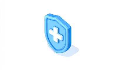 Isometric blue shield icon with white cross for healthcare and safety