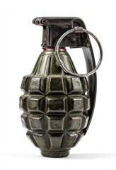 Isolated green hand grenade with handle and pin for conceptual imagery