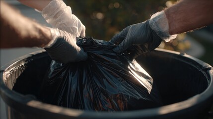 First-Person View of Hands Removing Trash Bag and Replacing Liner in Bin