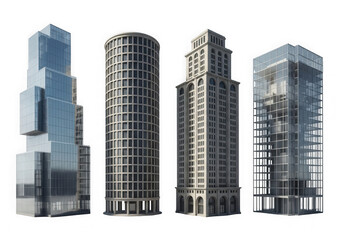 Obraz premium Modern skyscraper collection set contemporary architecture diverse building designs for urban cityscape concepts isolated on transparent background