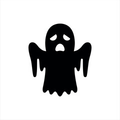 A simple glyph-style Halloween ghost icon in solid black with white background, featuring a floating ghost silhouette, ideal for holiday graphics, spooky themes, and festive branding
