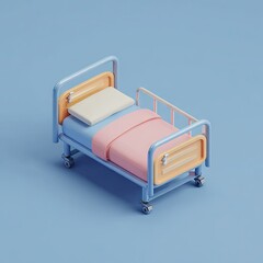 Isometric illustration of a hospital bed on a solid blue background