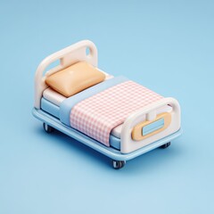 Isometric hospital bed illustration with soft colors and details on blue background