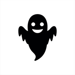 A simple glyph-style Halloween ghost icon in solid black with white background, featuring a floating ghost silhouette, ideal for holiday graphics, spooky themes, and festive branding