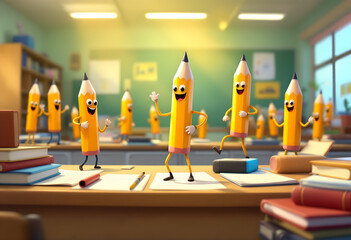 Anthropomorphic Pencils in a Classroom Setting.