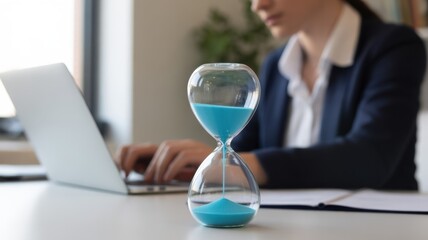 Timed Task: A business professional diligently works on a laptop with an hourglass, symbolizing time management and the importance of deadlines in a professional environment.